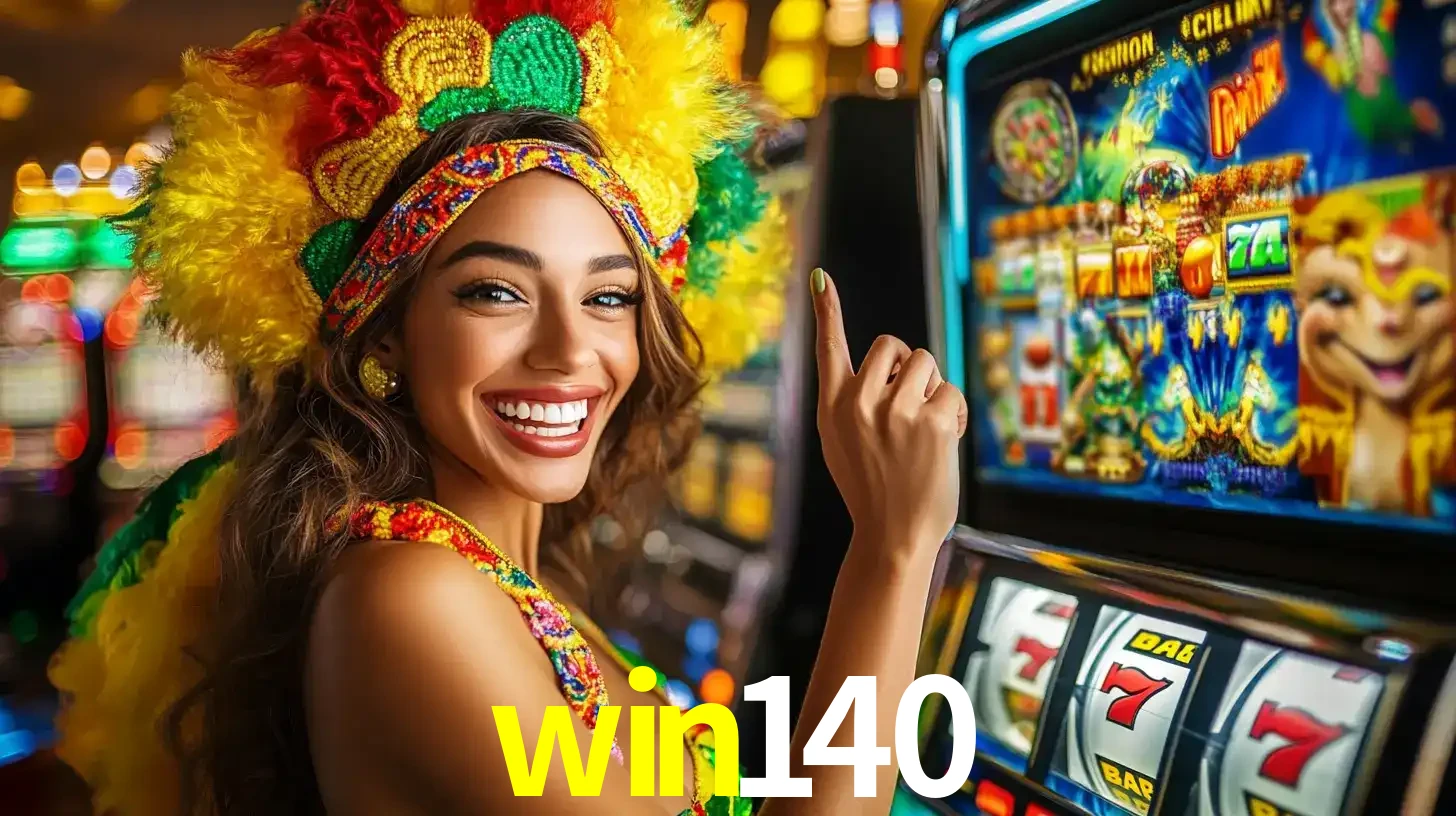 Mulher animada com um cocar de carnaval apontando para uma máquina de caça-níqueis, mostrando a emoção de ganhar um grande prêmio nos jogos do win140.