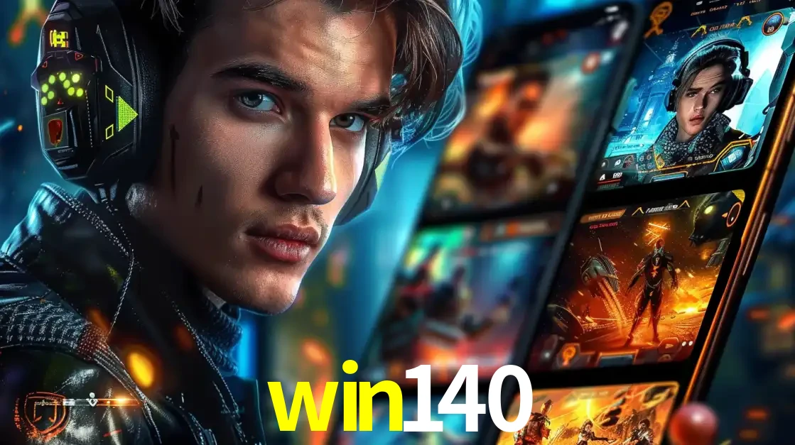 Jovem jogador com fones de ouvido olhando para a câmera, com um aplicativo de jogos e e-sports para celular ao fundo, pronto para a competição e apostas no win140.