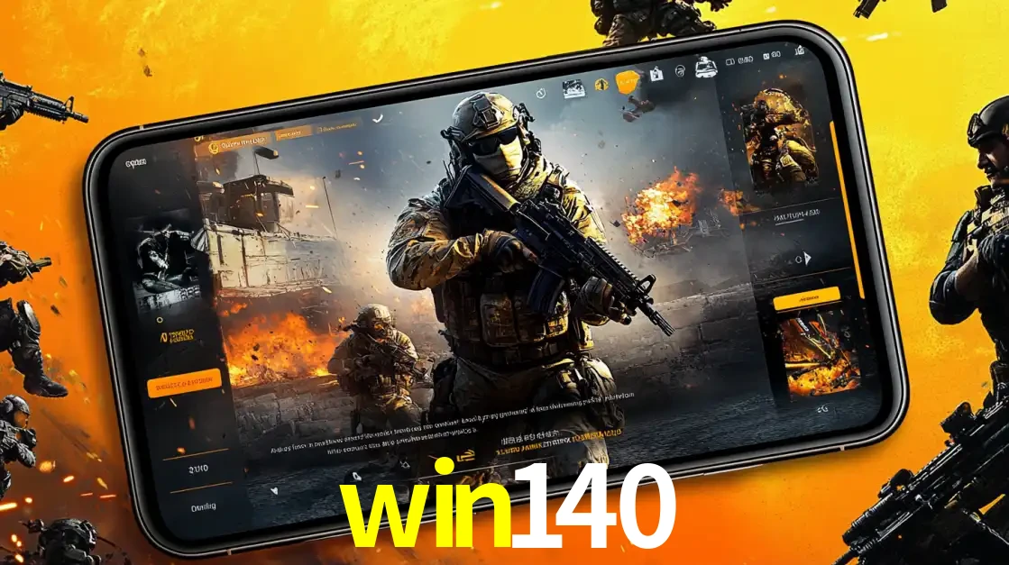 Um smartphone exibindo a interface de um jogo de tiro em primeira pessoa, com um soldado em um cenário de batalha, representando a ação dos e-sports para apostar no win140.
