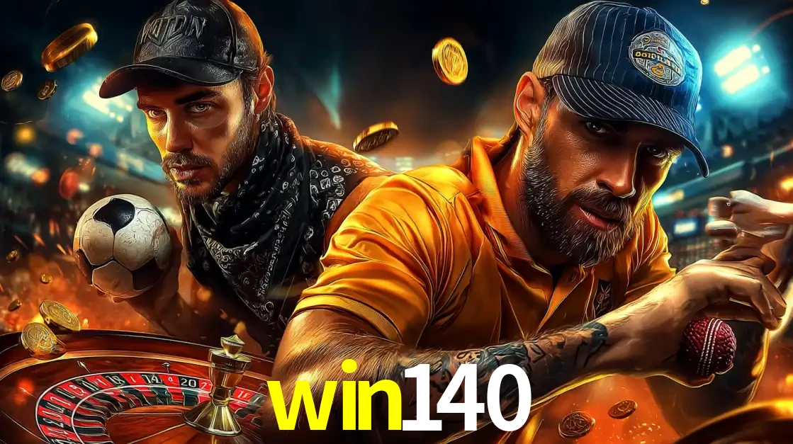 Montagem de apostas esportivas e cassino no win140, com um homem segurando uma bola de futebol e outro uma de beisebol sobre uma roleta e moedas voadoras.