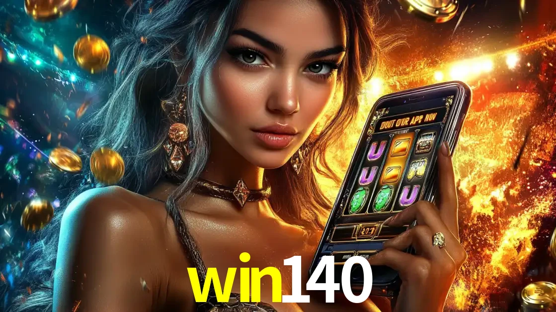 Mulher elegante mostrando um jogo de caça-níqueis em seu smartphone, destacando a experiência de cassino móvel oferecida pelo aplicativo win140.